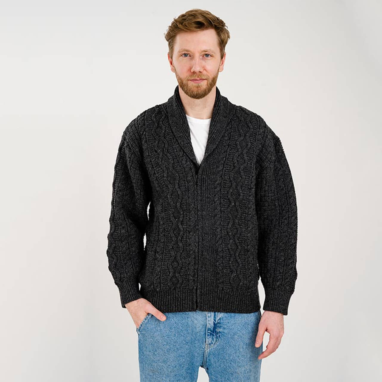 Men's Aran Cable Shawl Neck Zip Cardigan, Gray | Fast US Shipping