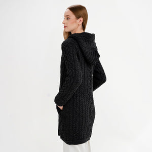 CC944-GRNSM Irish Cable Knit Long Merino Coat, Charcoal Back View  Creative Irish Gifts.com