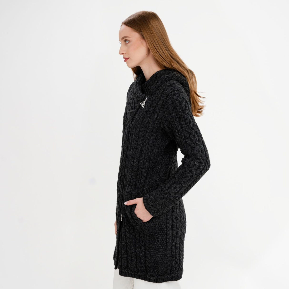 CC944-GRNSM Irish Cable Knit Long Merino Coat, Charcoal Side View  Creative Irish Gifts.com