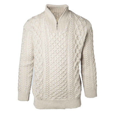 Men's Quarter Zip Irish Aran Sweater, Grey, 100% Merino Wool - Creative Irish Gifts