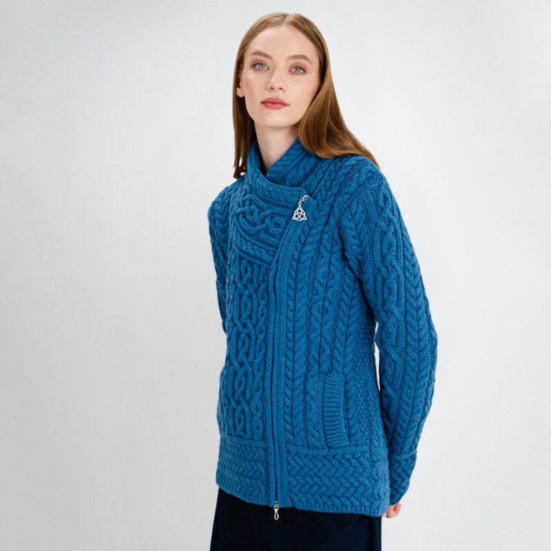 CD715-BLKSM Aran Knit Coatigan with Celtic Knot Side Zip, Teal Side View Creative Irish Gifts.com