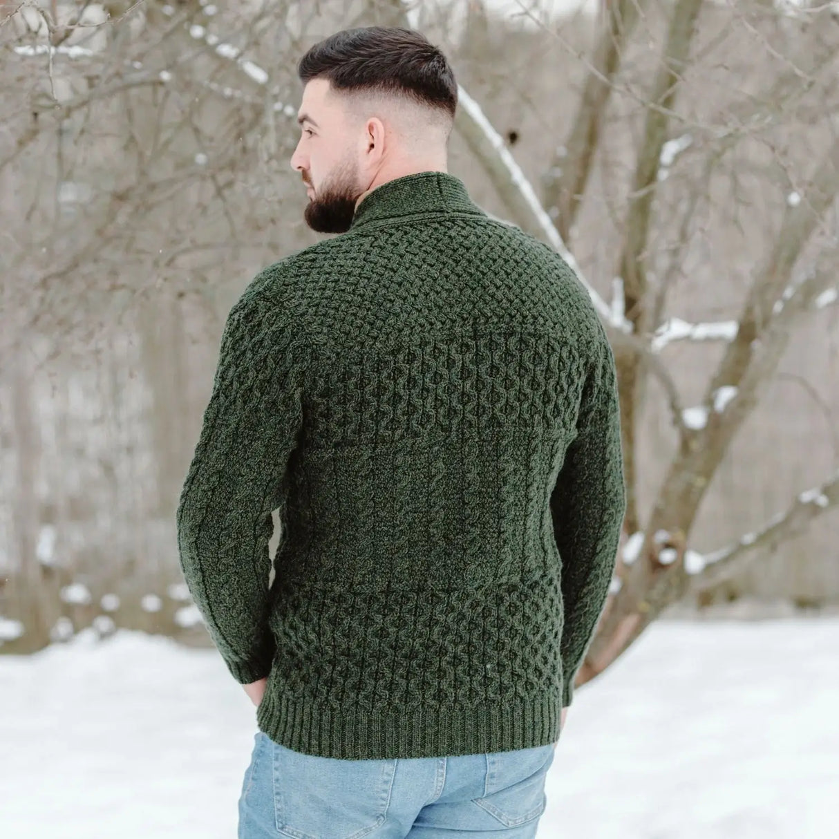 CD731-GRNSM Men's Aran Shawl Neck Merino Cardigan, Green Back- Creative Irish gift