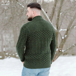 CD731-GRNSM Men's Aran Shawl Neck Merino Cardigan, Green Back- Creative Irish gift