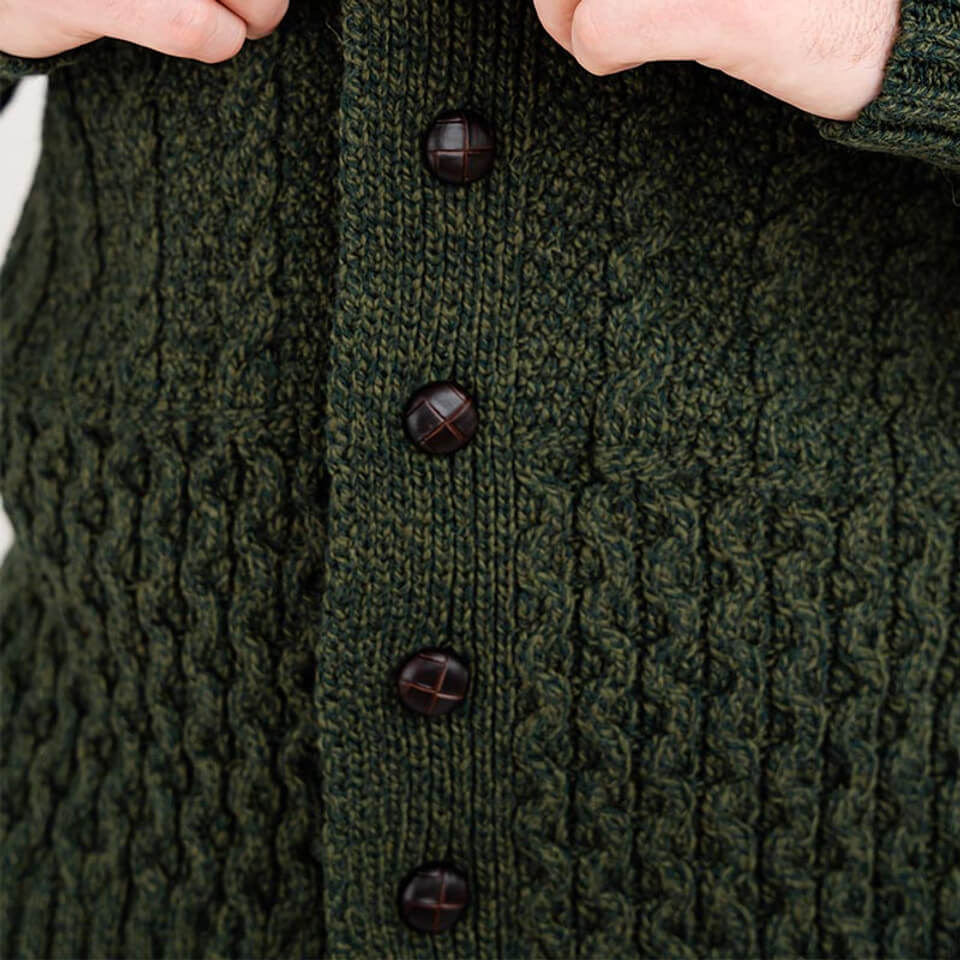 CD731-GRNSM Men's Aran Shawl Neck Merino Cardigan, Green Creative Irish gift.com