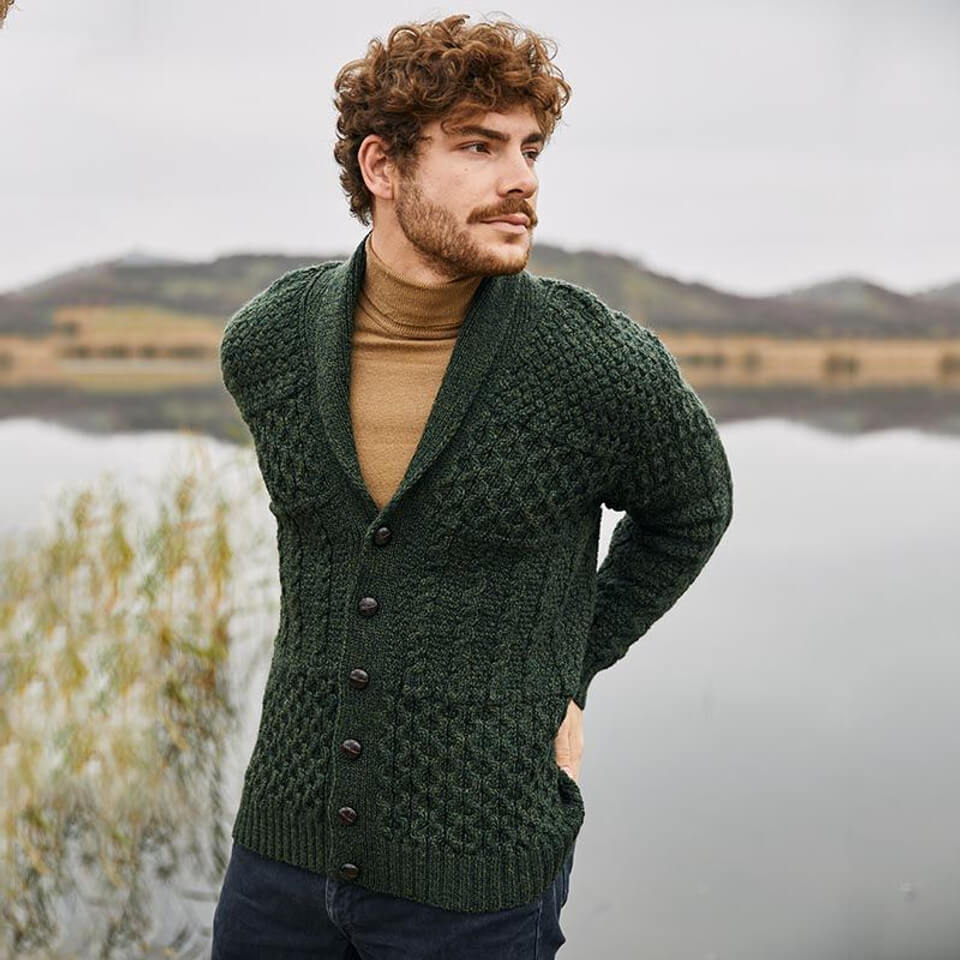 100% Wool Aran Shawl Neck Button Cardigan | Made in Ireland