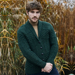 CD731-GRNSM Men's Aran Shawl Neck Merino Cardigan, Green Lifetyle Creative Irish gift