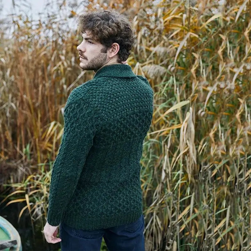 CD731-GRNSM Men's Aran Shawl Neck Merino Cardigan, Green Side Creative Irish gift