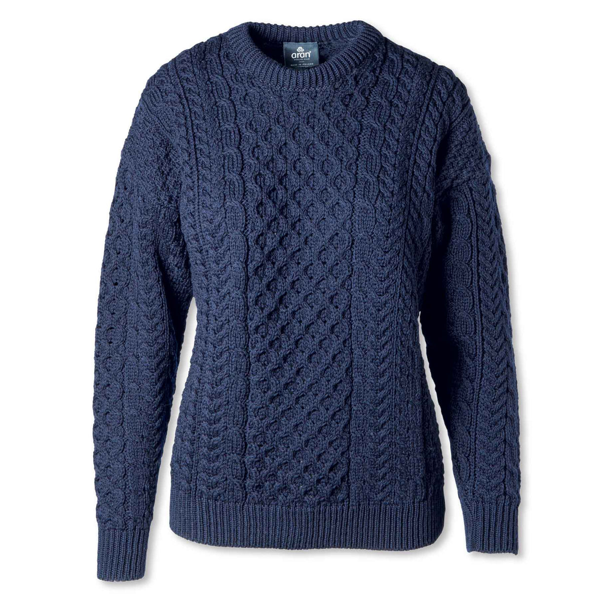 Aran Knit Crewneck Sweater, Navy - Creative Irish Gifts