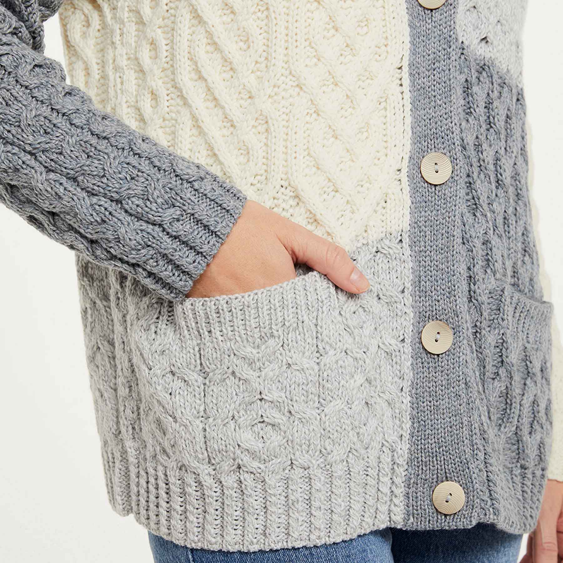 Aran Knit Patchwork Cardigan- Blue, Grey, White Aran Knit Patchwork Cardigan- Blue, Grey, White