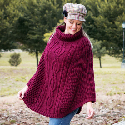 Chunky Cable Cowl Neck Poncho, Wine - Creative Irish Gifts