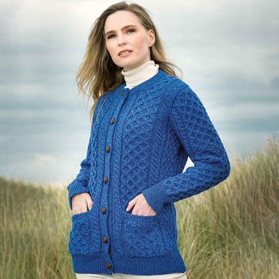Womens Aran Knit Button Up, Blue - Creative Irish Gifts