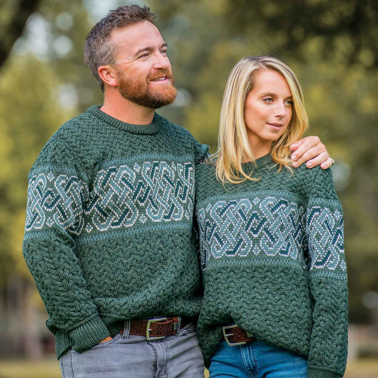Aran Knit Sweater with Celtic Knotwork- Green - XL Sweaters by West End Knitwear