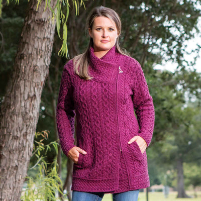 Shawl Collar Aran Knit Jacket, Purple - Creative Irish Gifts