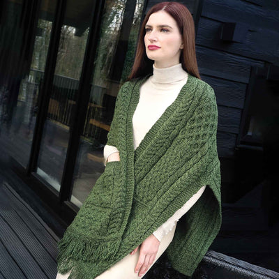 Aran Knit Shawl, Green - Creative Irish Gifts