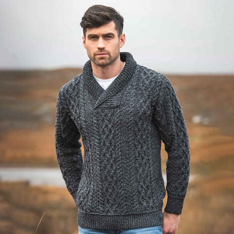 Mens Aran Knit Shawl Collar Sweater, Charcoal - Creative Irish Gifts