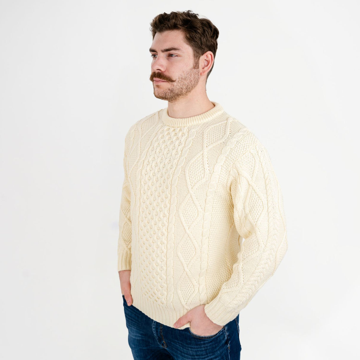 CG609-NATSM Men's Heavyweight Wool Irish Sweater, Natural Side View Creative Irish Gifts.com