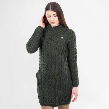 CG617-GRNSM Women's Aran Knit Side Zip Long Jacket, Army Green Front View Creative Irish Gifts.com