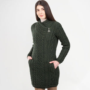 CG617-GRNSM Women's Aran Knit Side Zip Long Jacket, Army Green Studio Creative Irish Gifts.com