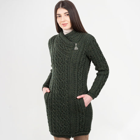 CG617-GRNSM Women's Aran Knit Side Zip Long Jacket, Army Green Studio Creative Irish Gifts.com