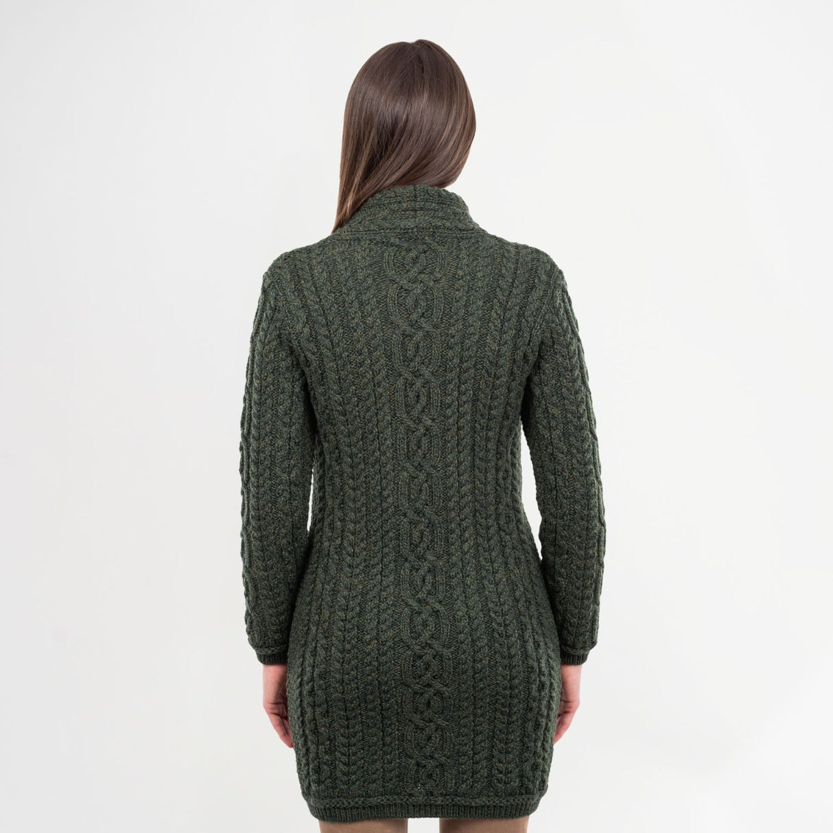 CG617-GRNSM Women's Aran Knit Side Zip Long Jacket, Army Green Back View Creative Irish Gifts.com