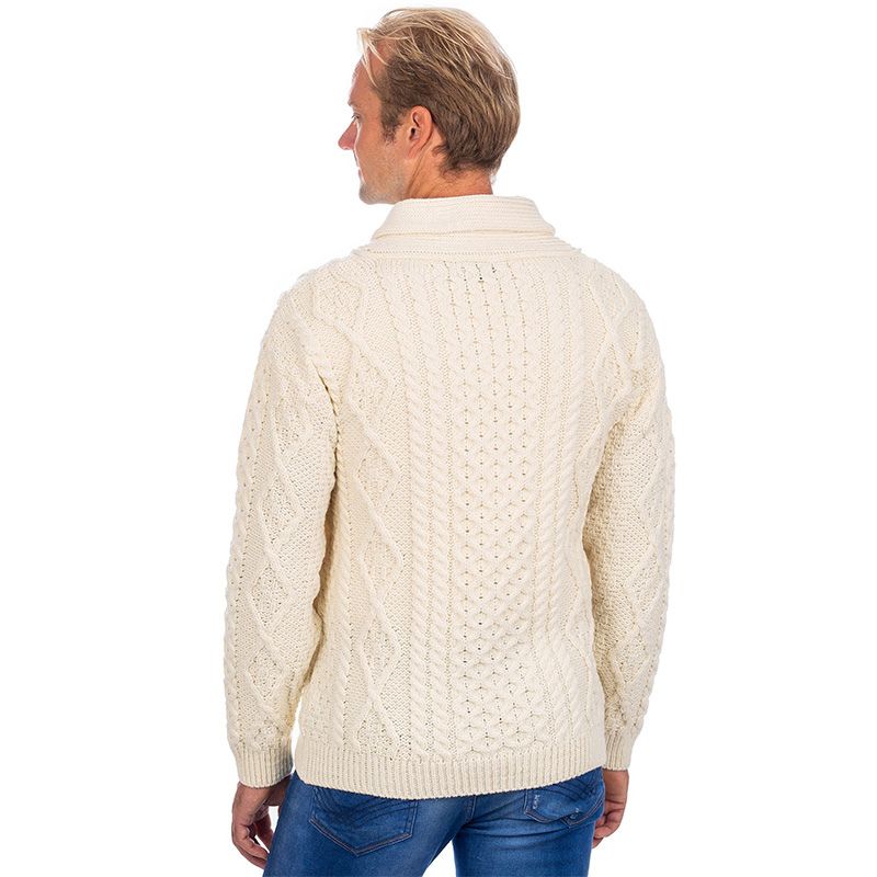 CG622-OATMD Men's Irish Cable Shawl Neck Sweater, Natural Back View Creative Irish Gifts.com