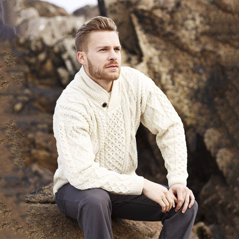 CG622-OATMD Men's Irish Cable Shawl Neck Sweater, Natural Lifestyle Creative Irish Gifts.com
