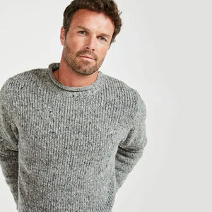 CG623-NVYMD Men's Donegal Tweed Roll Neck Aran Sweater Gray Studio View Creative Irish Gifts