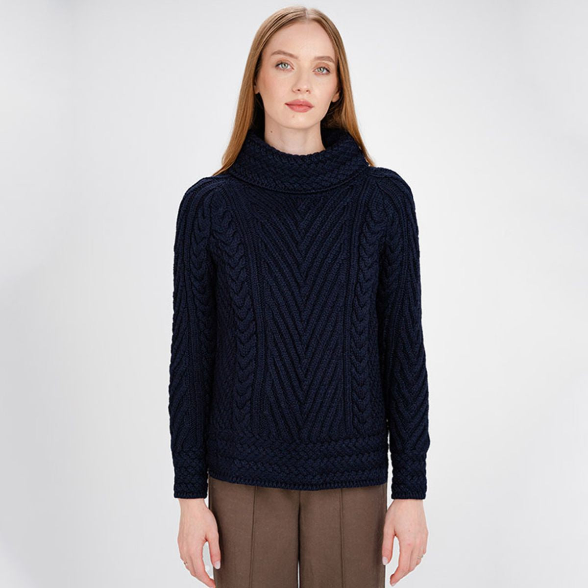 CG628-NVYSM Women's Merino Wool Irish Turtleneck Sweater, Navy Studio Creative Irish Gifts.com