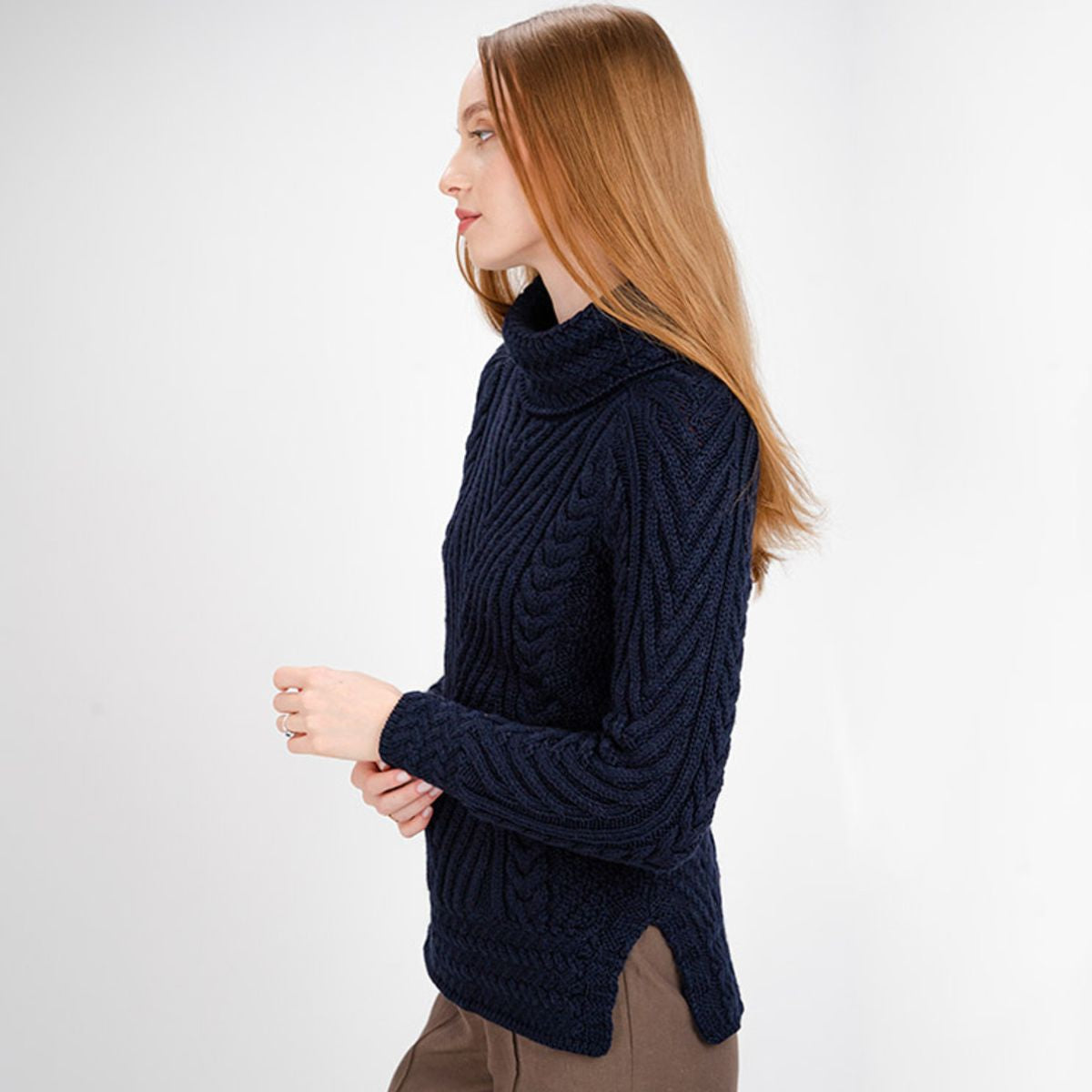 CG628-NVYSM Women's Merino Wool Irish Turtleneck Sweater, Navy Side View Creative Irish Gifts.com