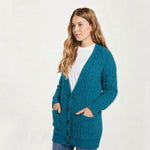 Teal Color Ladies Button Up Aran Boyfriend Cardigan, Creative Irish Gifts.com