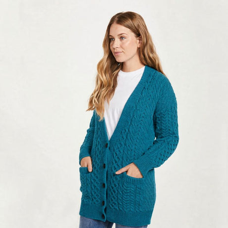 Teal Color Ladies Button Up Aran Boyfriend Cardigan, Creative Irish Gifts.com