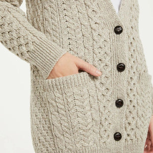CG633-NATMD Ladies Button Up Aran Boyfriend Cardigan, Oatmeal Front View  Creative Irish Gifts.com