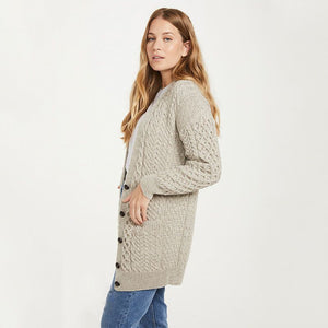 CG633-NATMD Ladies Button Up Aran Boyfriend Cardigan, Oatmeal Side View Creative Irish Gifts.com