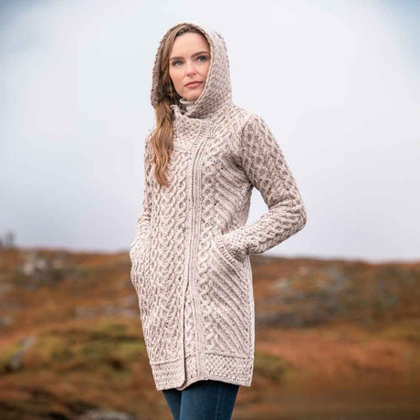 Women's Aran Knit Side Zip Jacket - Oatmeal - Creative Irish Gifts