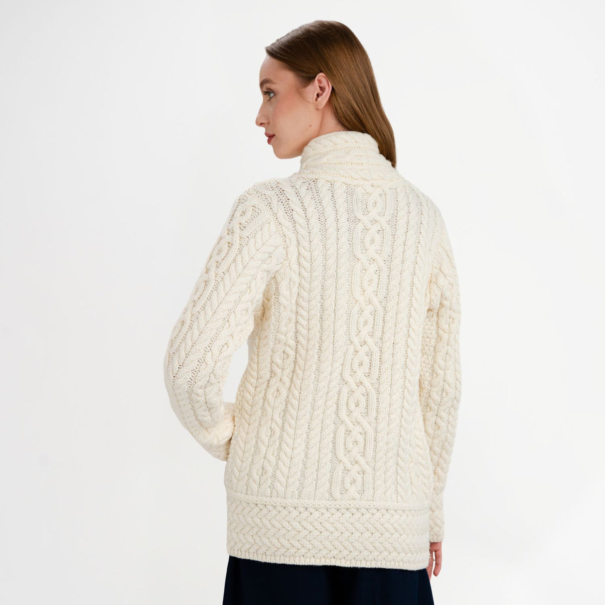 CG649- Women's Cable Pattern Side Zip Aran Cardigan, Natural Back view Creative Irish Gifts.com