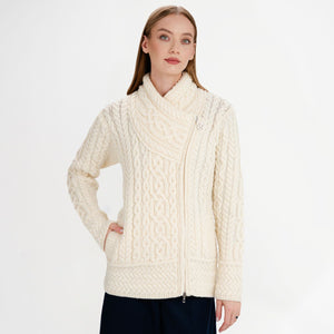 CG649- Women's Cable Pattern Side Zip Aran Cardigan, Natural Studio Creative Irish Gifts.com