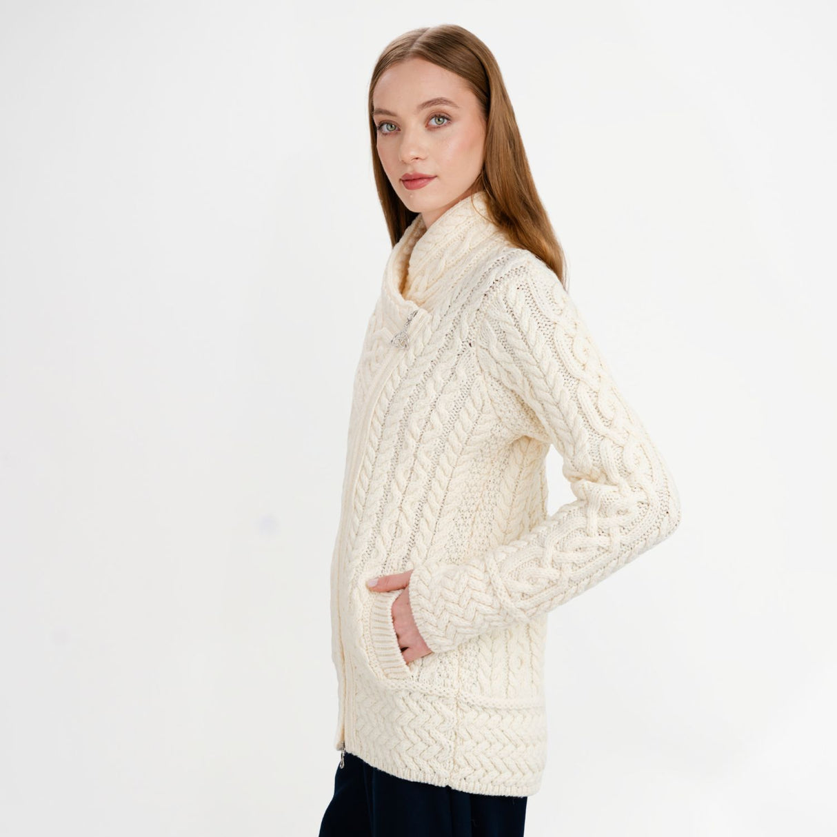 CG649- Women's Cable Pattern Side Zip Aran Cardigan, Natural Side View Creative Irish Gifts.com