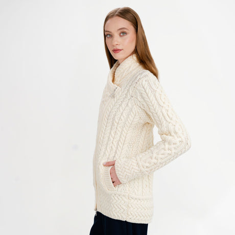 CG649- Women's Cable Pattern Side Zip Aran Cardigan, Natural Side View Creative Irish Gifts.com