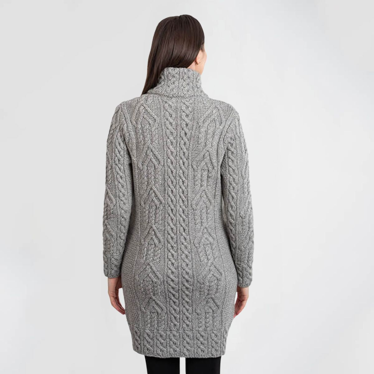 CG650-Ladies Full Zip Merino Aran Coat, Gray Back View Creative Irish Gifts.com