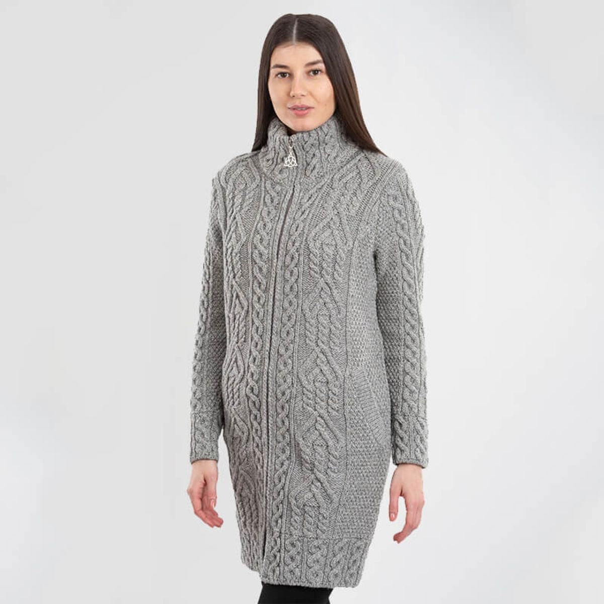 CG650-Ladies Full Zip Merino Aran Coat, Gray Creative Irish Gifts.com