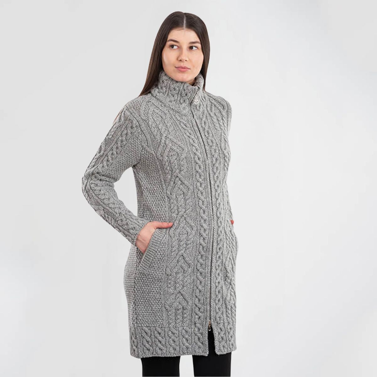 CG650-Ladies Full Zip Merino Aran Coat, Gray side View Creative Irish Gifts.com