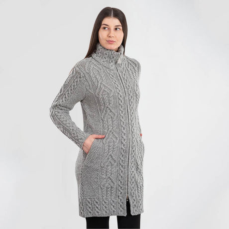 CG650-Ladies Full Zip Merino Aran Coat, Gray side View Creative Irish Gifts.com