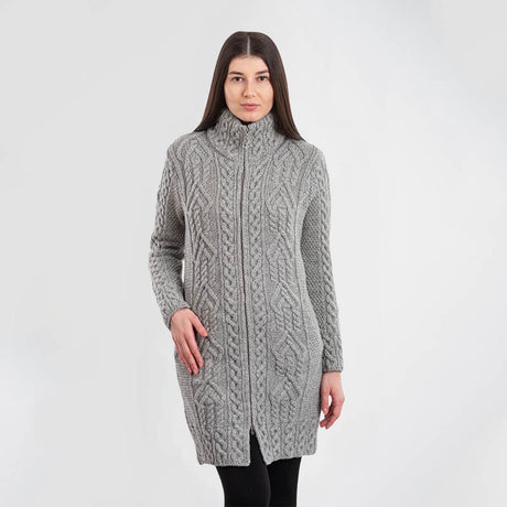 CG650-Ladies Full Zip Merino Aran Coat, Gray Front View Creative Irish Gifts.com