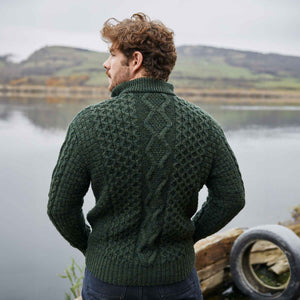 Men's Shawl Collar Fisherman Sweater, Army Green - Creative Irish Gifts