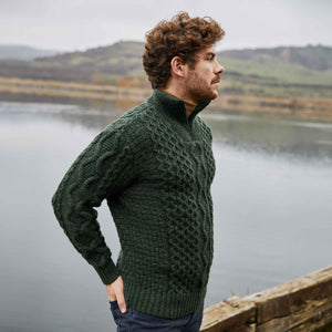 Men's Shawl Collar Fisherman Sweater, Army Green - Creative Irish Gifts