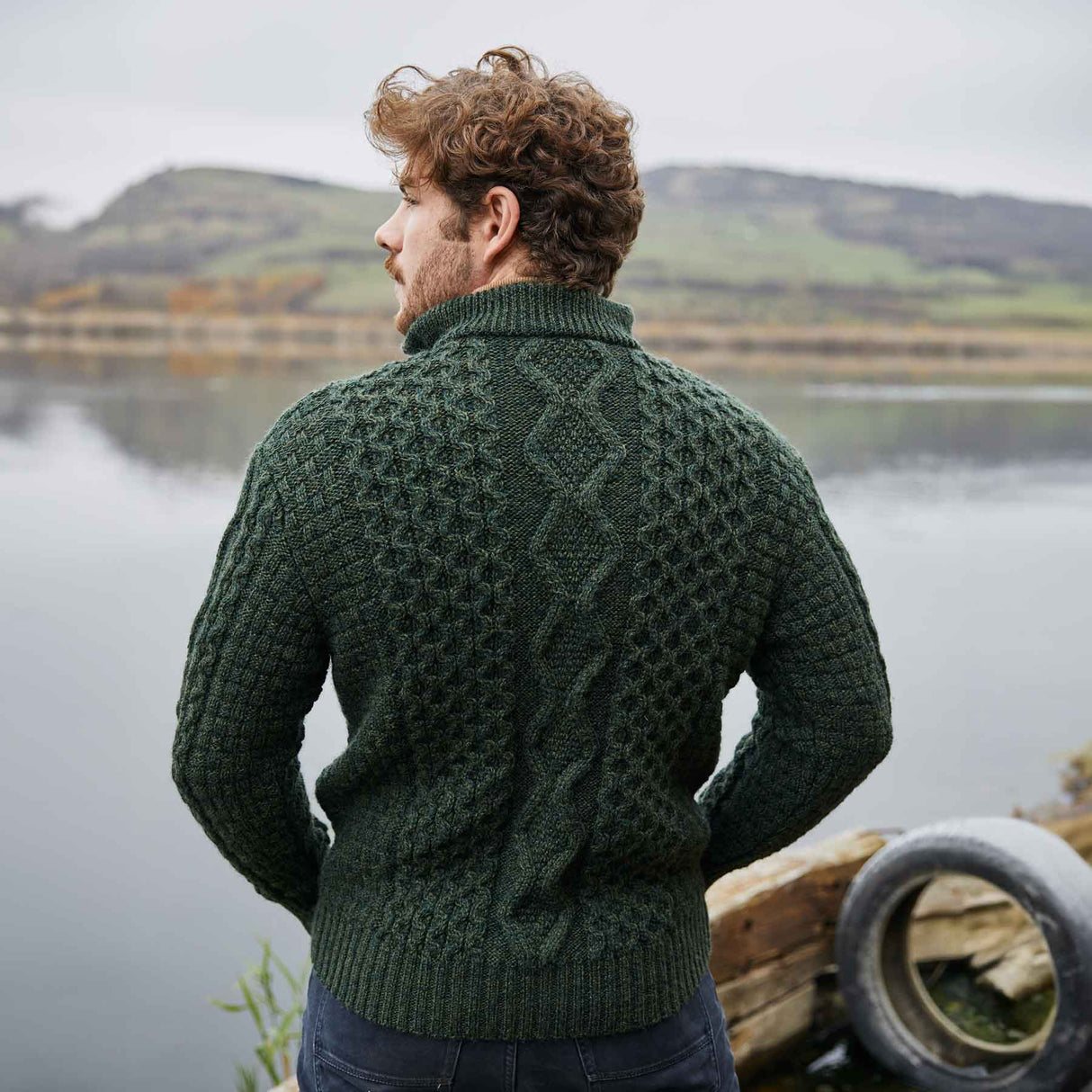 Men's Shawl Collar Fisherman Sweater, Army Green - Creative Irish Gifts