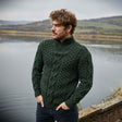 Men's Shawl Collar Fisherman Sweater, Army Green - Creative Irish Gifts