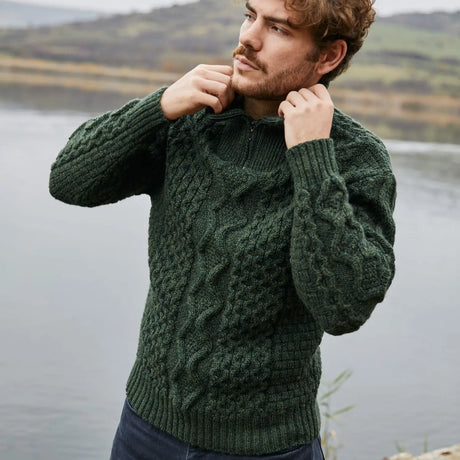 CG700 Men's Shawl Collar Fisherman Sweater Army Green Lifestyle View Creative Irish Gifts