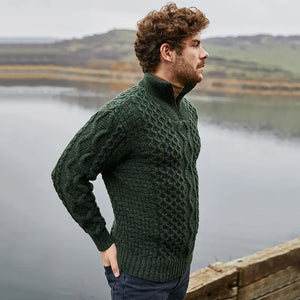 CG700 Men's Shawl Collar Fisherman Sweater Army Green Side View Creative Irish Gifts