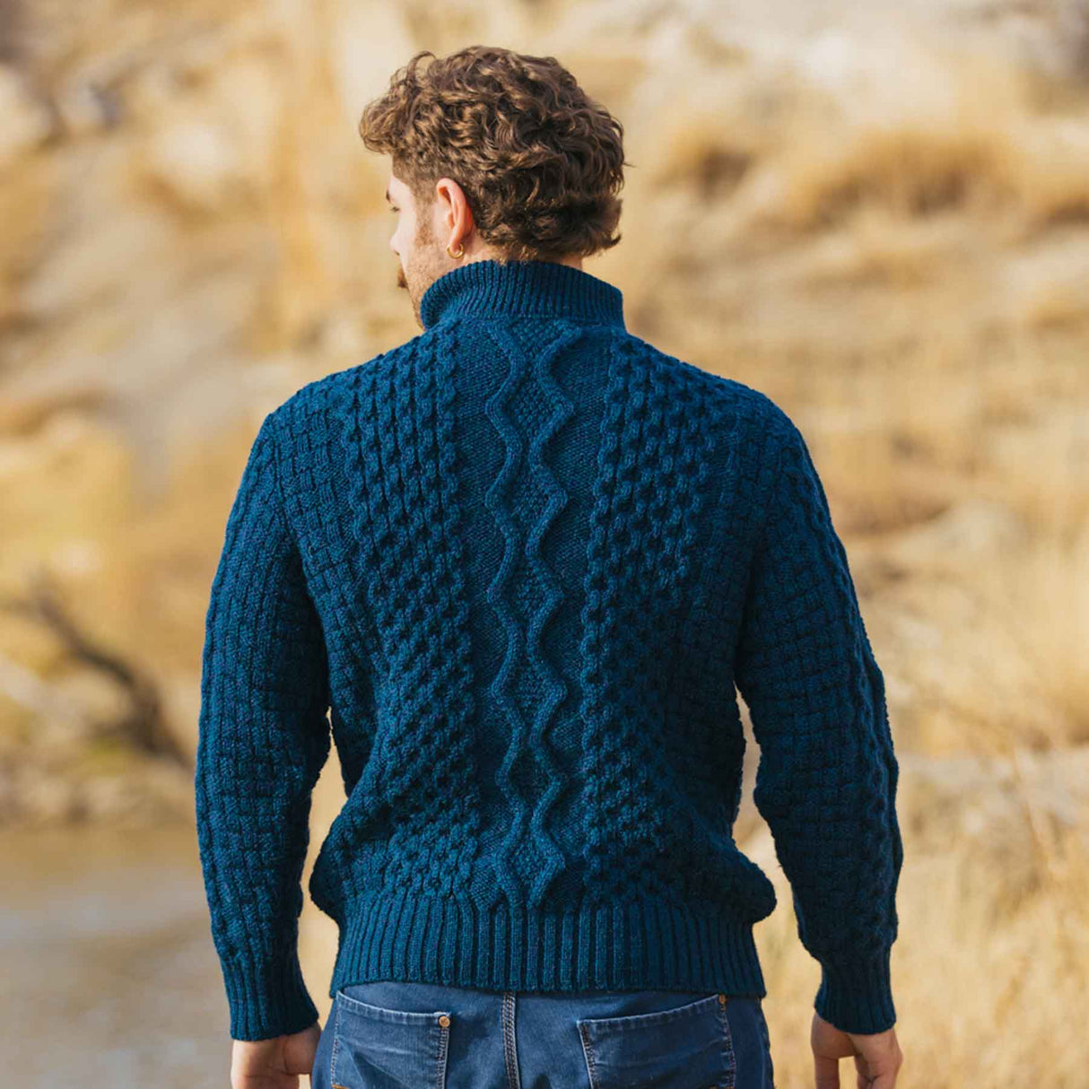 Men's Shawl Collar Fisherman Sweater, Ocean Blue - Creative Irish Gifts